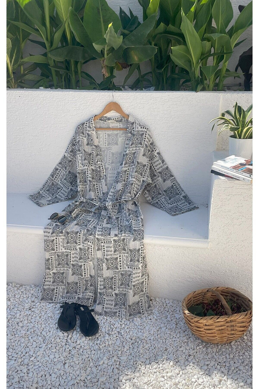 Kadın Siyah-ekru Desenli Kimono Midyat - 2 Kat Organik Müslin Krinkıl