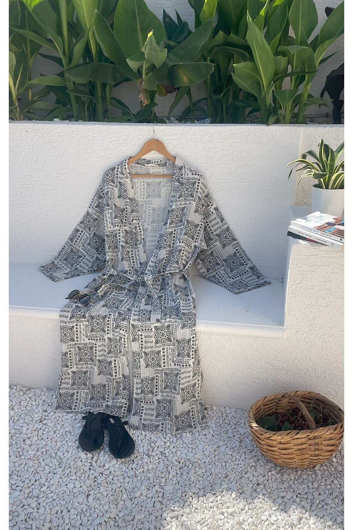 Kadın Siyah-ekru Desenli Kimono Midyat - 2 Kat Organik Müslin Krinkıl