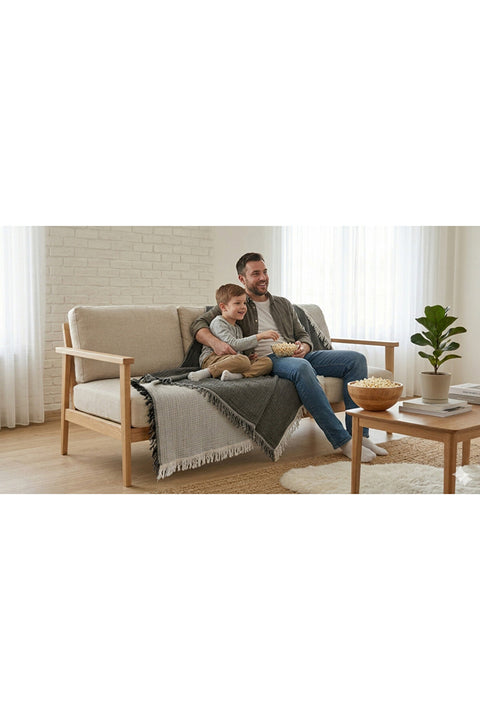 Koltuk Örtüsü Çift Taraflı %100 Organik 4 Katlı Müslin Püsküllü Pike & TV Battaniyesi 135 X 200 Cm