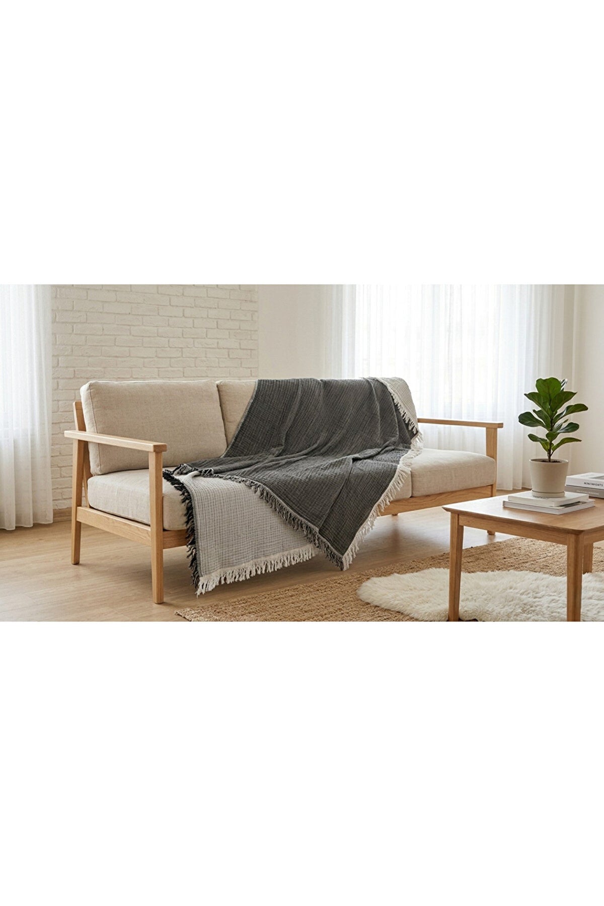 Koltuk Örtüsü Çift Taraflı %100 Organik 4 Katlı Müslin Püsküllü Pike & TV Battaniyesi 135 X 200 Cm